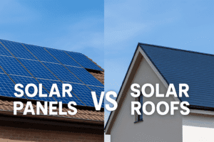 A modern home with solar panels and solar roof side-by-side